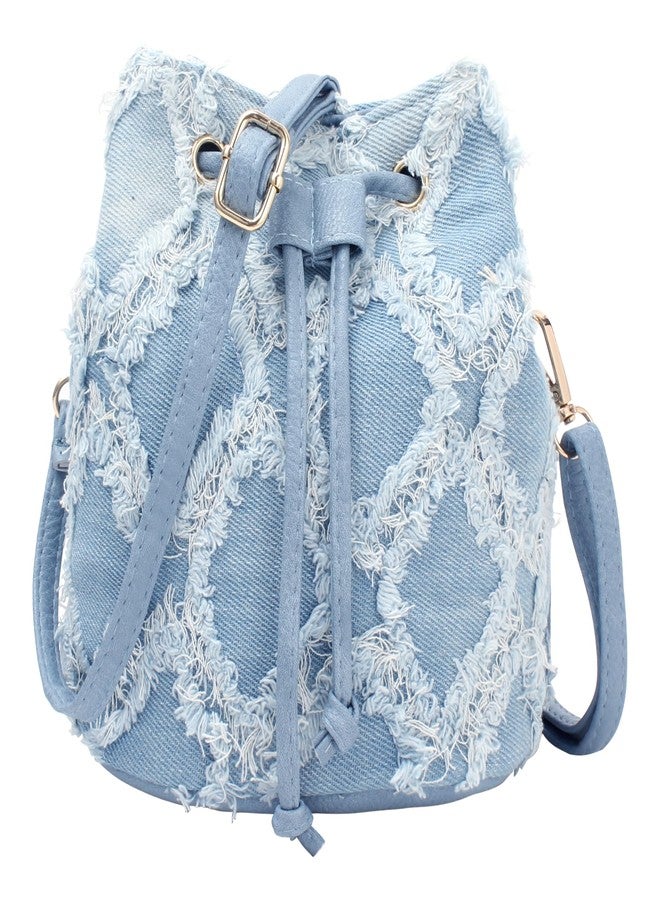 Minache Women Small Quilted Distressed Tassel Denim Jean Drawstring Bucket Crossbody Bag Hobo Shoulder Bag Handbag Purse - Image 1