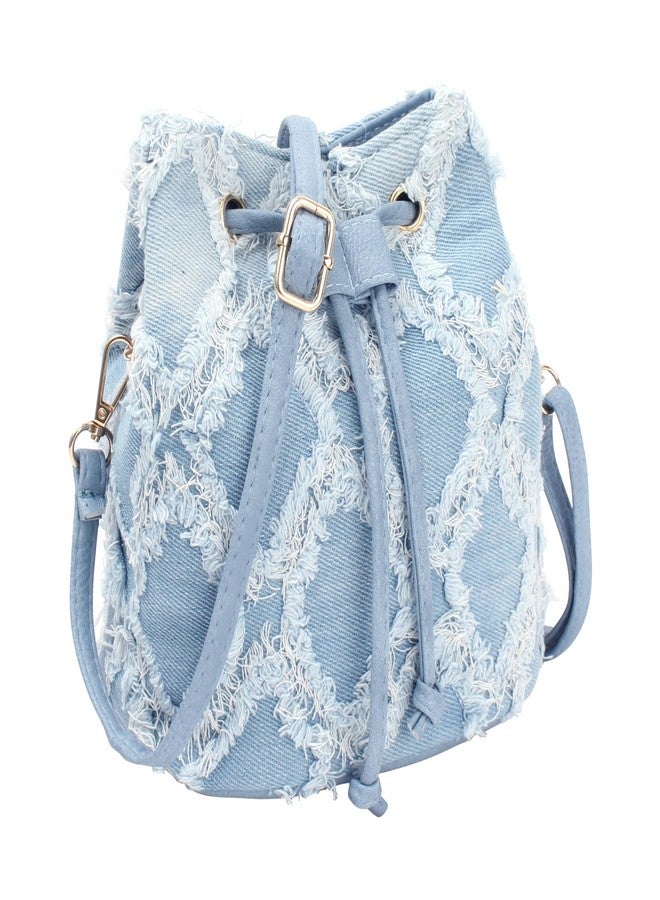 Minache Women Small Quilted Distressed Tassel Denim Jean Drawstring Bucket Crossbody Bag Hobo Shoulder Bag Handbag Purse - Image 4