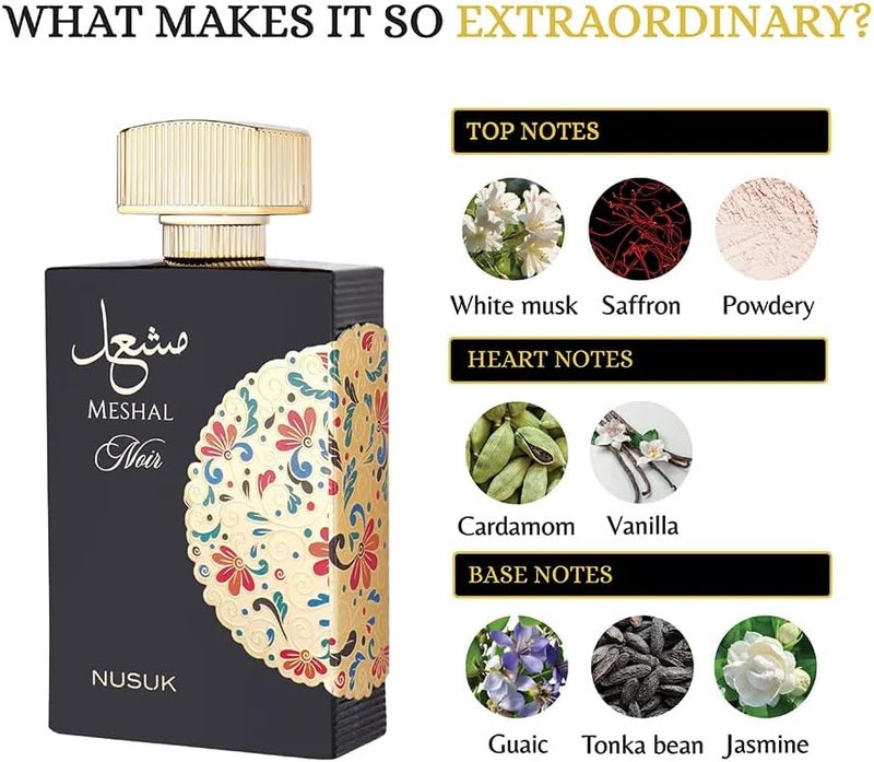 Nusuk Meshal Noir Eau De Parfum for Men | Long Lasting Perfume with Cardamom, Saffron, Jasmine, Vanilla, Musk & Tonka Bean | Bold Spicy Woody Fragrance | 100ml - Image 5
