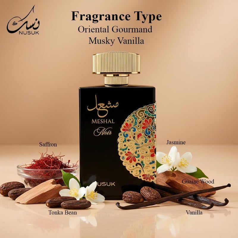 Nusuk Meshal Noir Eau De Parfum for Men | Long Lasting Perfume with Cardamom, Saffron, Jasmine, Vanilla, Musk & Tonka Bean | Bold Spicy Woody Fragrance | 100ml - Image 2