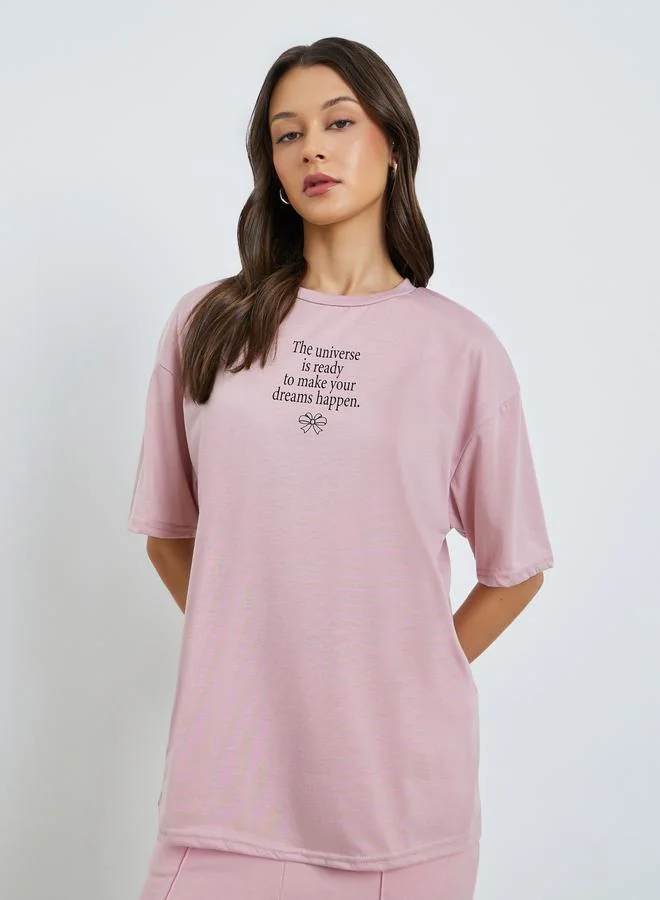 Styli Pink Slogan Print Oversized T-Shirt