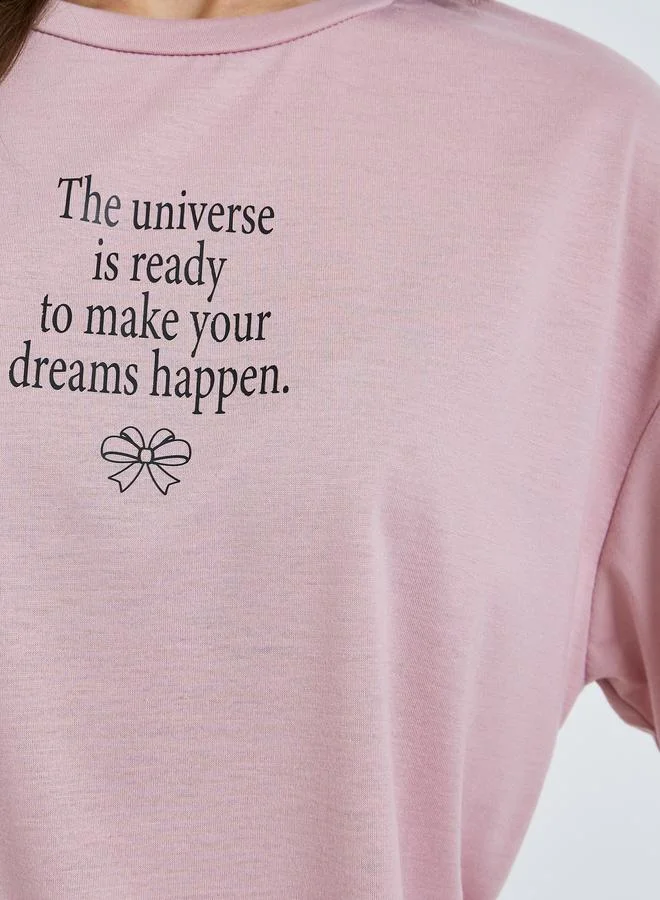 Styli Pink Slogan Print Oversized T-Shirt