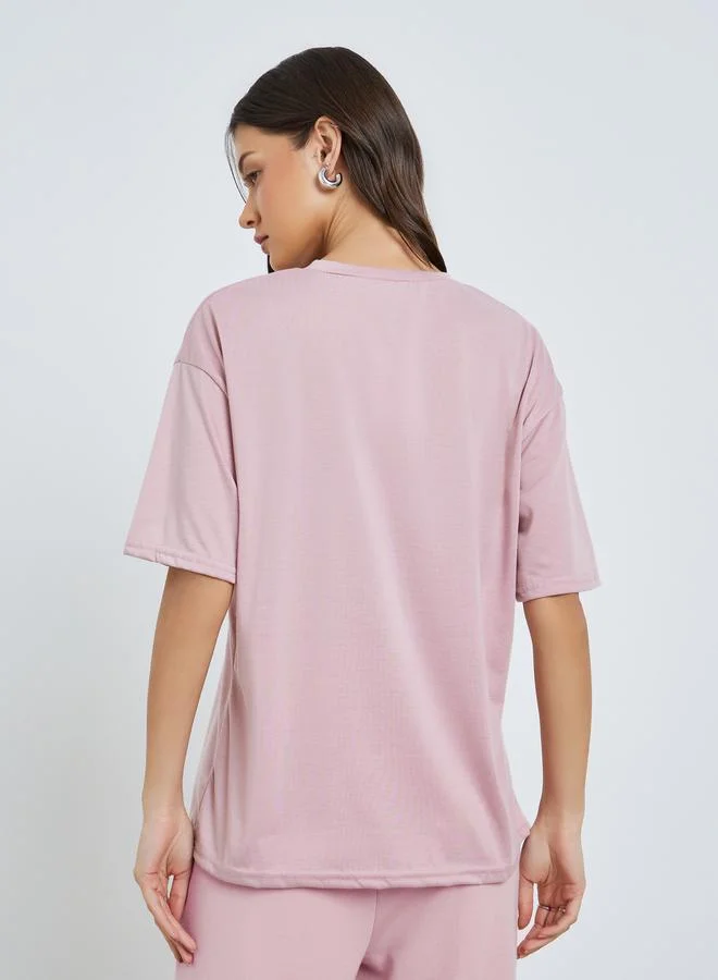 Styli Pink Slogan Print Oversized T-Shirt