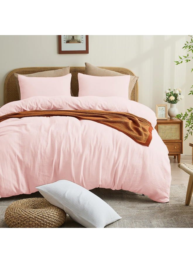 MEISHANG Muslin Duvet Cover Queen Size - 100% Organic Cotton, Soft Textured Gauze Weave Comforter Cover for Breathable All-Season with Zipper Closure - 3 Piece Set (Queen, Light Pink) - Image 1