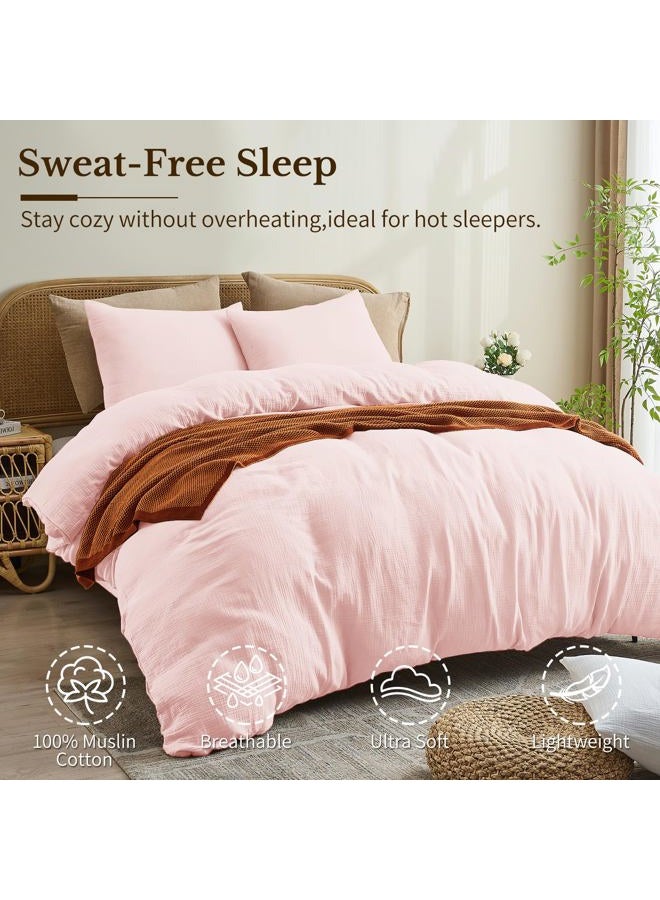 MEISHANG Muslin Duvet Cover Queen Size - 100% Organic Cotton, Soft Textured Gauze Weave Comforter Cover for Breathable All-Season with Zipper Closure - 3 Piece Set (Queen, Light Pink) - Image 2