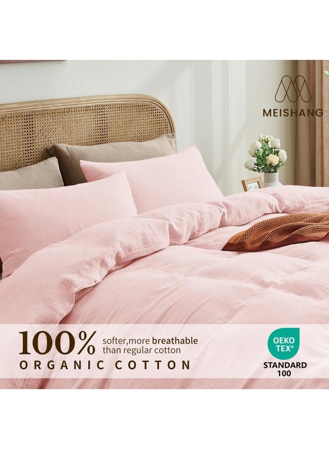 MEISHANG Muslin Duvet Cover Queen Size - 100% Organic Cotton, Soft Textured Gauze Weave Comforter Cover for Breathable All-Season with Zipper Closure - 3 Piece Set (Queen, Light Pink) - Image 3