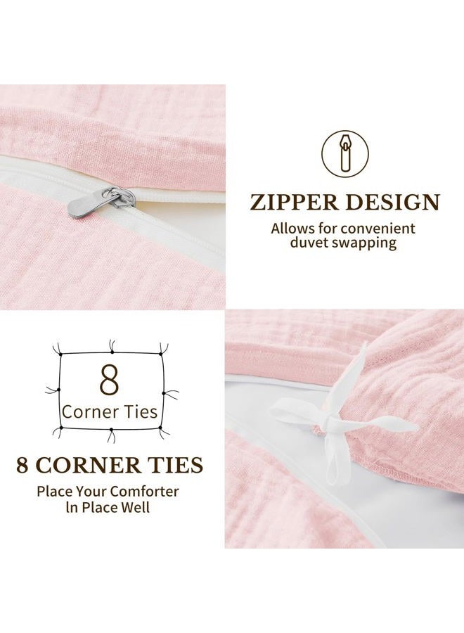 MEISHANG Muslin Duvet Cover Queen Size - 100% Organic Cotton, Soft Textured Gauze Weave Comforter Cover for Breathable All-Season with Zipper Closure - 3 Piece Set (Queen, Light Pink) - Image 5