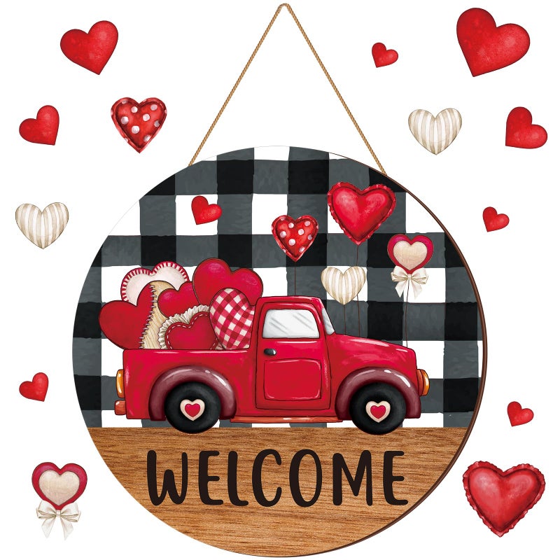 Burbell Valentine's Day Door Sign Red Truck Heart Welcome Sign Wooden Valentine's Day Decor White Black Buffalo Plaid Valentines Wall Decorations for Outdoor Front Door Home Anniversary Wedding Party - Image 1