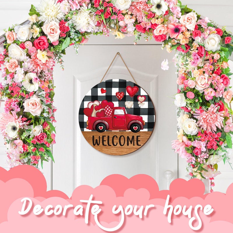 Burbell Valentine's Day Door Sign Red Truck Heart Welcome Sign Wooden Valentine's Day Decor White Black Buffalo Plaid Valentines Wall Decorations for Outdoor Front Door Home Anniversary Wedding Party - Image 3