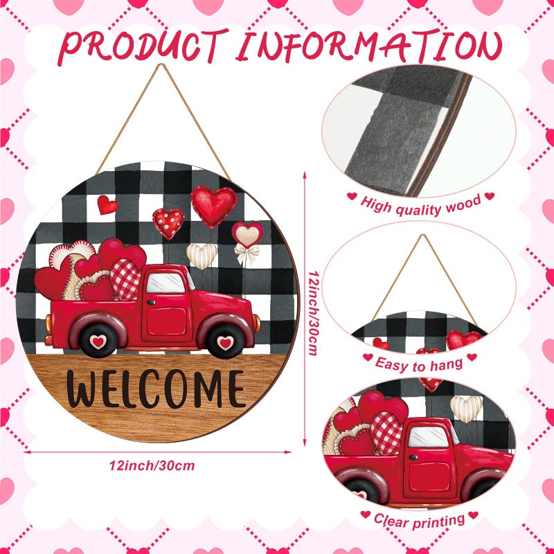 Burbell Valentine's Day Door Sign Red Truck Heart Welcome Sign Wooden Valentine's Day Decor White Black Buffalo Plaid Valentines Wall Decorations for Outdoor Front Door Home Anniversary Wedding Party - Image 2