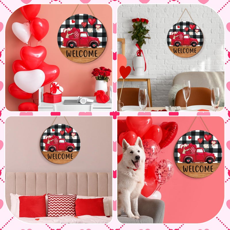 Burbell Valentine's Day Door Sign Red Truck Heart Welcome Sign Wooden Valentine's Day Decor White Black Buffalo Plaid Valentines Wall Decorations for Outdoor Front Door Home Anniversary Wedding Party - Image 5