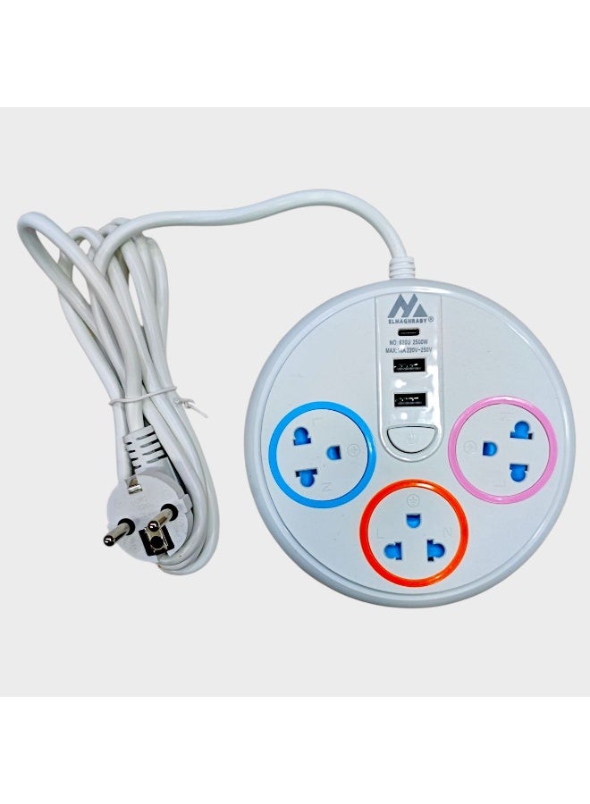 3-Outlet Power Strip with 3 USB Ports & Type-C – White – Individual Switches + Safety Fuse