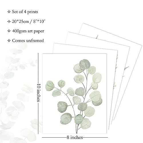 Howwii Botanical Boho Bathroom Decor Wall Art Prints, UNFRAMED Sage Green Plants Decor for Bedroom|Office, Minimalist Eucalyptus Leaves Watercolor Art Prints, Set of 4 Pictures, 8"x10" No Frames - Image 2