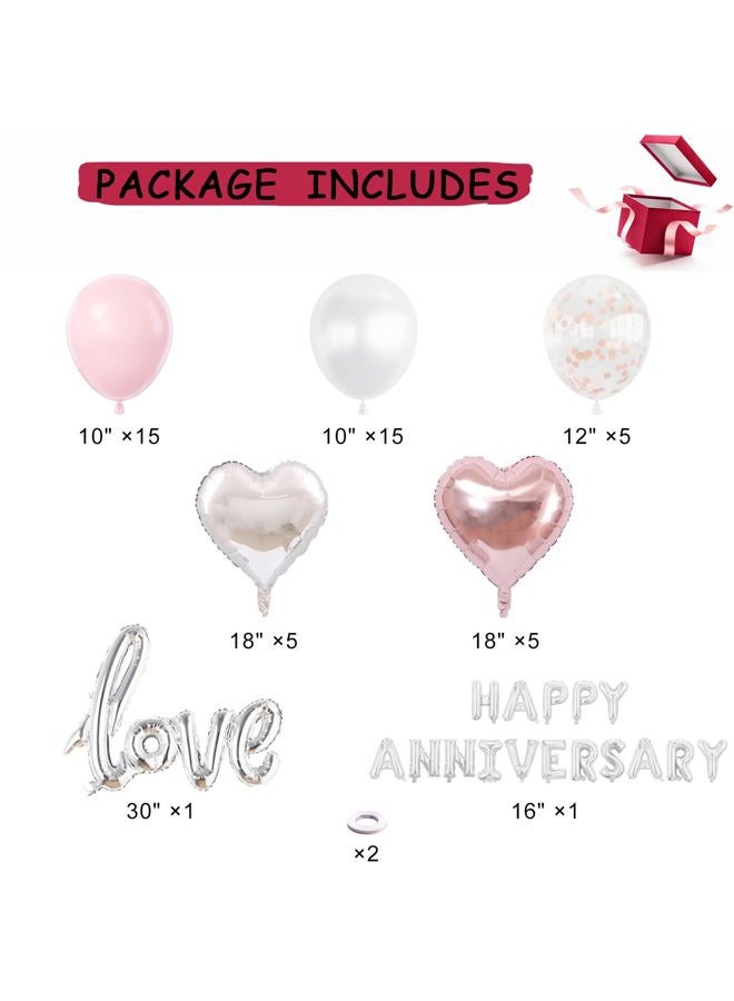Chamrrille Anniversary Decorations, Happy Anniversary Banner, Pink Hanging String Hearts, Pink and White Balloons, Love Balloon, Red Silk Rose Petals for Wedding Bridal Shower Bachelorette Party Decorations - Image 5