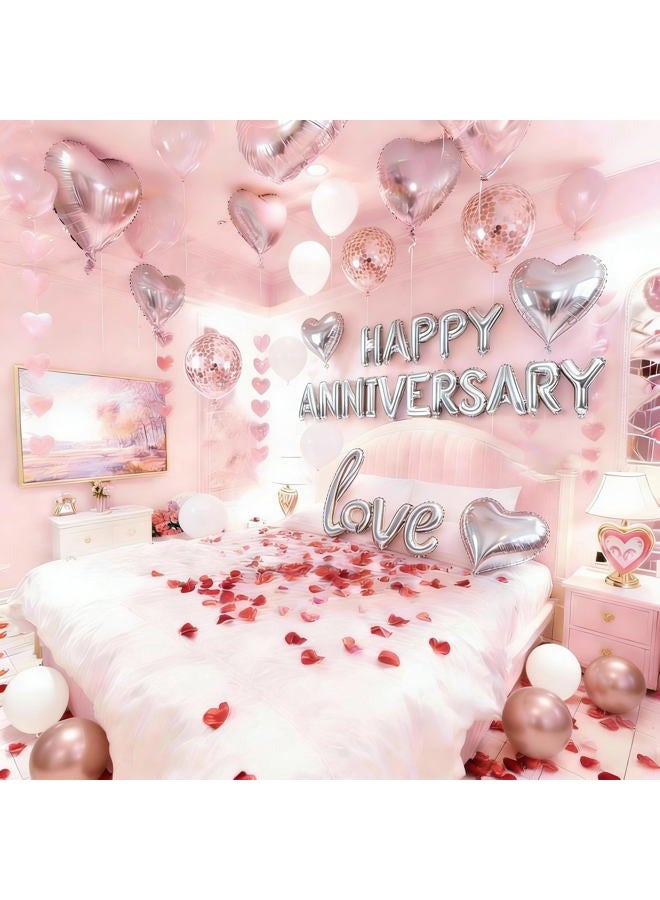 Chamrrille Anniversary Decorations, Happy Anniversary Banner, Pink Hanging String Hearts, Pink and White Balloons, Love Balloon, Red Silk Rose Petals for Wedding Bridal Shower Bachelorette Party Decorations - Image 1
