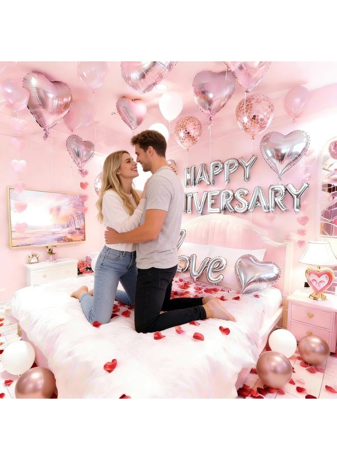 Chamrrille Anniversary Decorations, Happy Anniversary Banner, Pink Hanging String Hearts, Pink and White Balloons, Love Balloon, Red Silk Rose Petals for Wedding Bridal Shower Bachelorette Party Decorations - Image 4