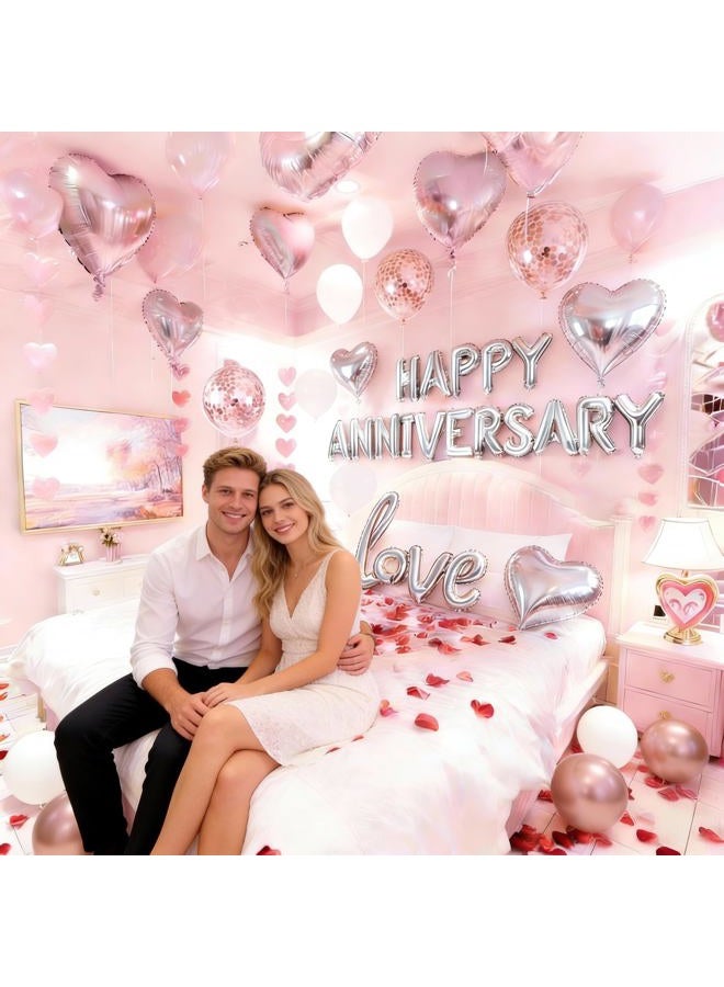Chamrrille Anniversary Decorations, Happy Anniversary Banner, Pink Hanging String Hearts, Pink and White Balloons, Love Balloon, Red Silk Rose Petals for Wedding Bridal Shower Bachelorette Party Decorations - Image 3