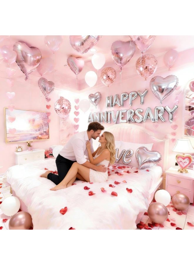 Chamrrille Anniversary Decorations, Happy Anniversary Banner, Pink Hanging String Hearts, Pink and White Balloons, Love Balloon, Red Silk Rose Petals for Wedding Bridal Shower Bachelorette Party Decorations - Image 2