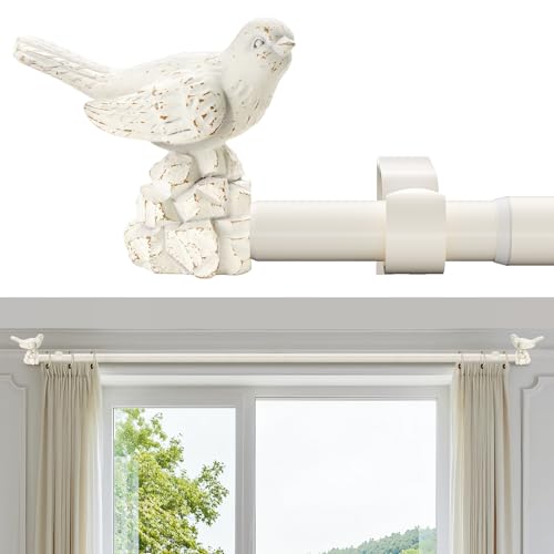 KVEEO White Curtain Rod 18 to 45 Inches Curtain Rods for Windows Adjustable Heavy Duty Drapery Rod with Bird Finials for Kitchen Window Living Room - Image 1