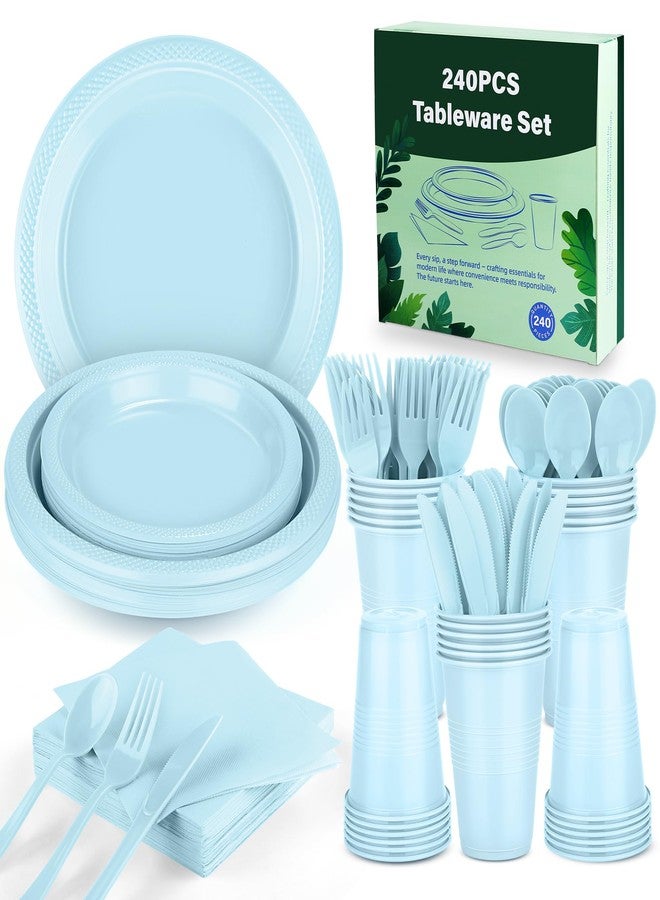 Kochorie 240 Pieces Light Blue Plastic Dinnerware Set Disposable Heavy Duty Plates Napkins Cups Silverware Dessert Dinner Plates for Birthday Wedding Baby Shower Party Supplies, Serves 30 Guests - Image 1