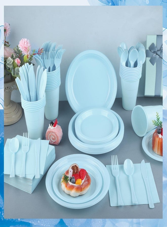 Kochorie 240 Pieces Light Blue Plastic Dinnerware Set Disposable Heavy Duty Plates Napkins Cups Silverware Dessert Dinner Plates for Birthday Wedding Baby Shower Party Supplies, Serves 30 Guests - Image 4