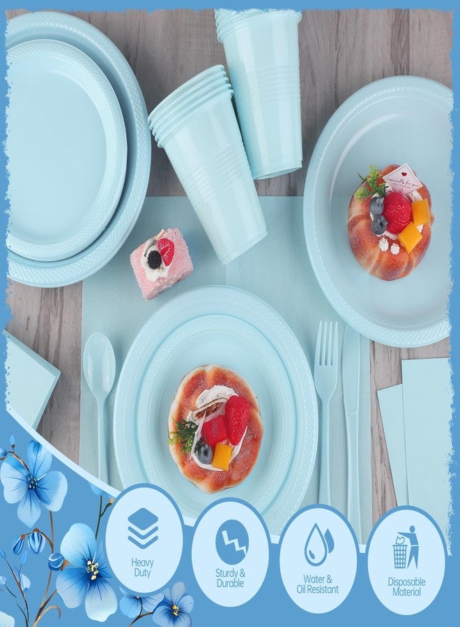 Kochorie 240 Pieces Light Blue Plastic Dinnerware Set Disposable Heavy Duty Plates Napkins Cups Silverware Dessert Dinner Plates for Birthday Wedding Baby Shower Party Supplies, Serves 30 Guests - Image 3