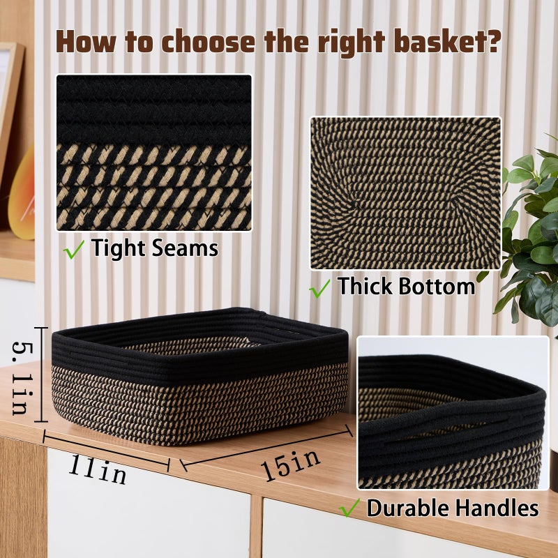 MiniArk Large Shallow Organizing Baskets 15x11x5.1 Inches - Rope Woven Storage Bins for Bathroom, Shelves, Cube Closet, Black Woven Brown 2 Packs - Image 2