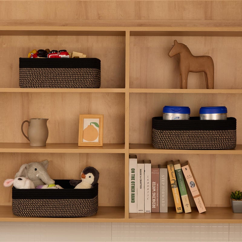 MiniArk Large Shallow Organizing Baskets 15x11x5.1 Inches - Rope Woven Storage Bins for Bathroom, Shelves, Cube Closet, Black Woven Brown 2 Packs - Image 3