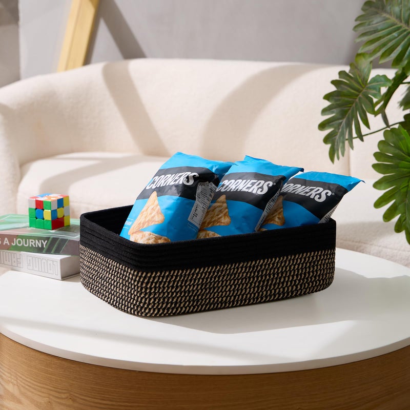 MiniArk Large Shallow Organizing Baskets 15x11x5.1 Inches - Rope Woven Storage Bins for Bathroom, Shelves, Cube Closet, Black Woven Brown 2 Packs - Image 5