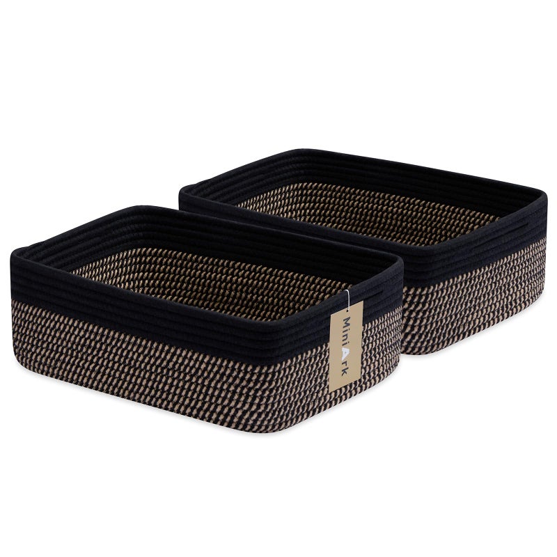 MiniArk Large Shallow Organizing Baskets 15x11x5.1 Inches - Rope Woven Storage Bins for Bathroom, Shelves, Cube Closet, Black Woven Brown 2 Packs - Image 1