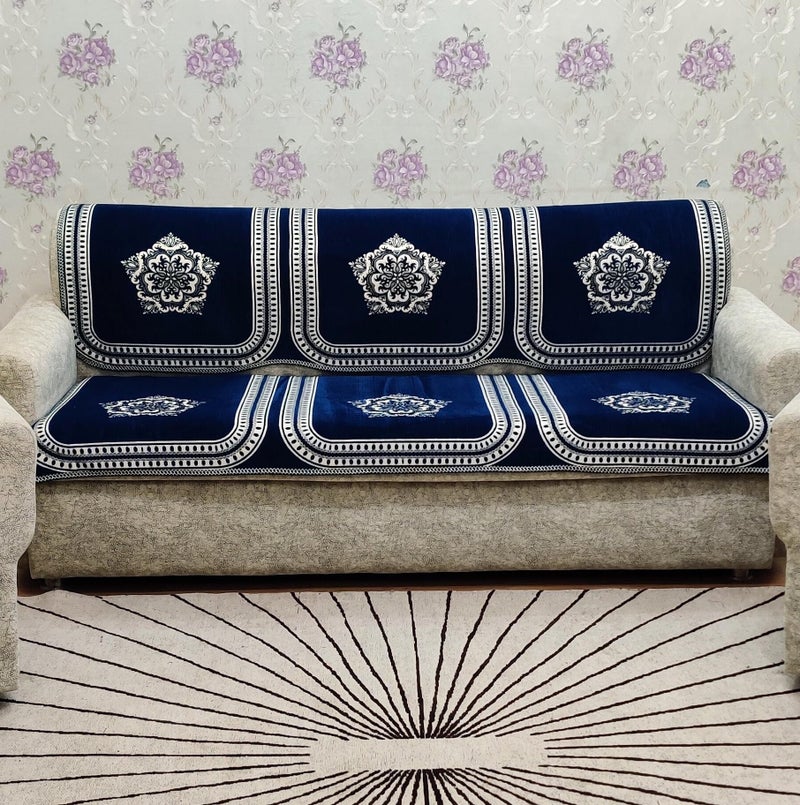 KREEVA Velvet Chenille Sofa Cover | for 5 Seater (3+1+1) Sofa | (Tohfa Blue_2, 6 Piece Set) | Sofa Slipcovers - Image 3