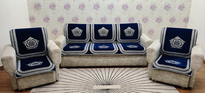 KREEVA Velvet Chenille Sofa Cover | for 5 Seater (3+1+1) Sofa | (Tohfa Blue_2, 6 Piece Set) | Sofa Slipcovers - Image 1