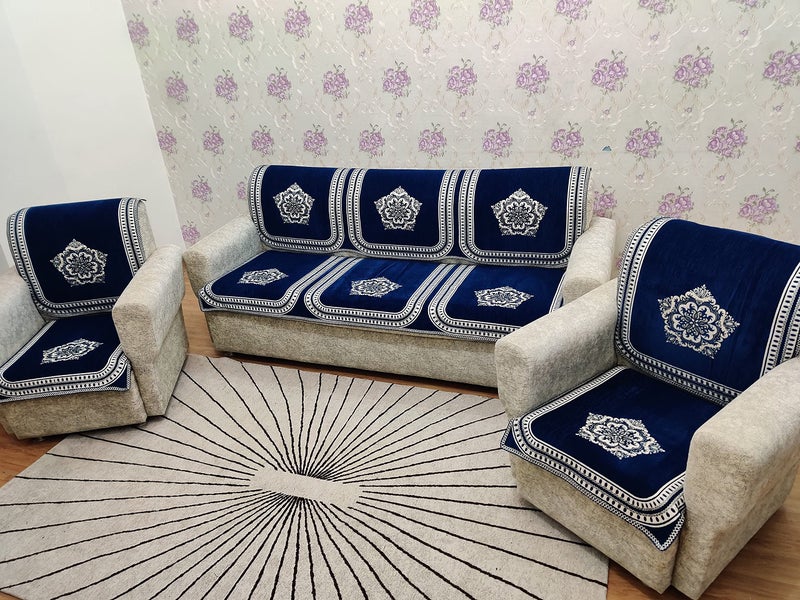 KREEVA Velvet Chenille Sofa Cover | for 5 Seater (3+1+1) Sofa | (Tohfa Blue_2, 6 Piece Set) | Sofa Slipcovers - Image 2