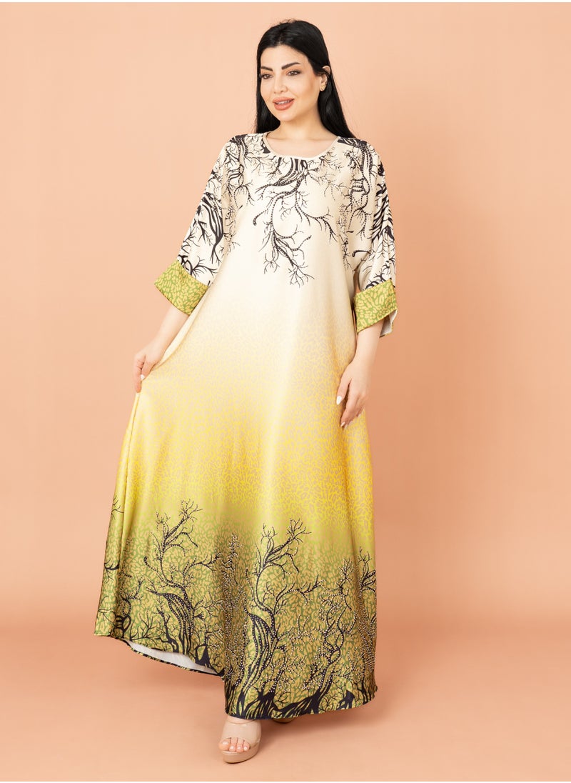 IKKXA Abstract Design Modern Jalabiya Yellow  - Image 1