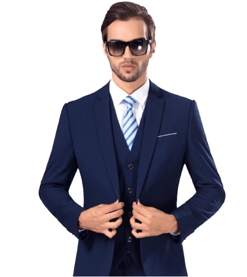 UNINUKOO Men Suits Slim Fit 3 Piece 1 Button Wedding Formal Business Tuxedo Suit Jacket Pants Vest Set US Size L Navy Blue - Image 4