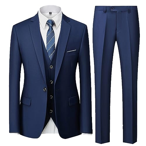 UNINUKOO Men Suits Slim Fit 3 Piece 1 Button Wedding Formal Business Tuxedo Suit Jacket Pants Vest Set US Size L Navy Blue - Image 1