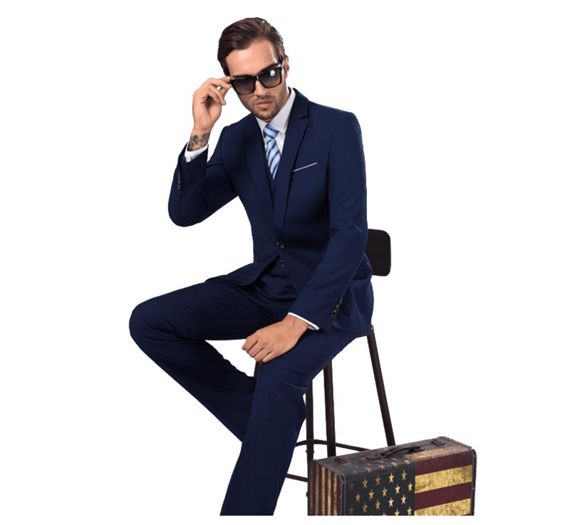 UNINUKOO Men Suits Slim Fit 3 Piece 1 Button Wedding Formal Business Tuxedo Suit Jacket Pants Vest Set US Size L Navy Blue - Image 5