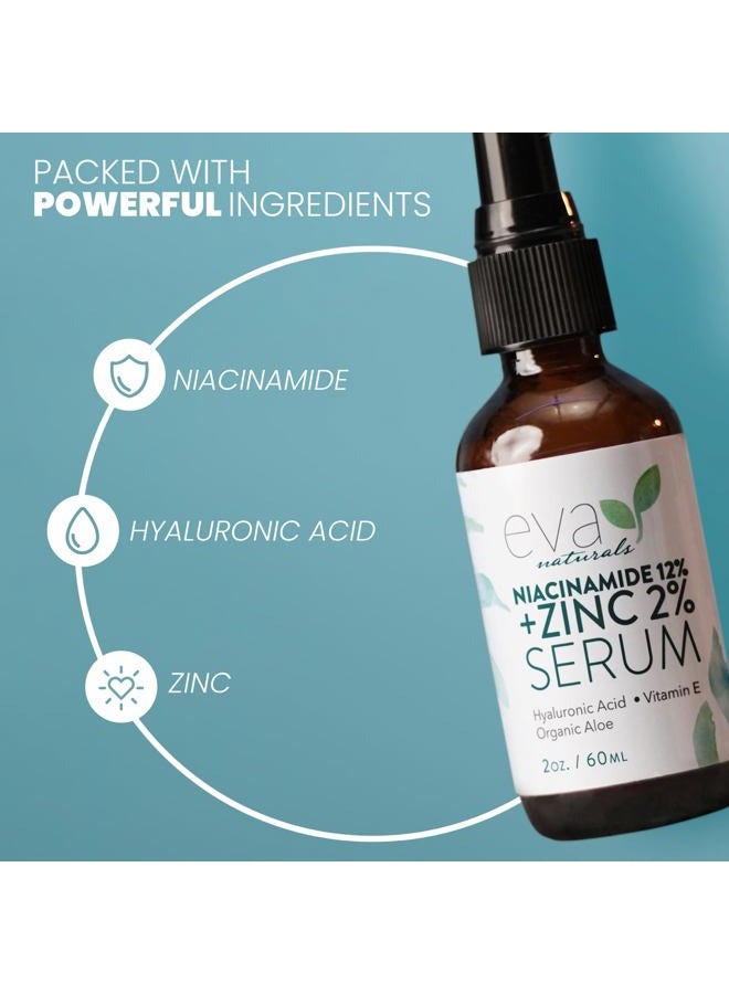 Niacinamide Serum for Face - 12% Niacinamide & 2% Zinc Serum with Hyaluronic Acid - Pore Minimizer, Improve Dark Spots, Redness Relief (2 oz)
