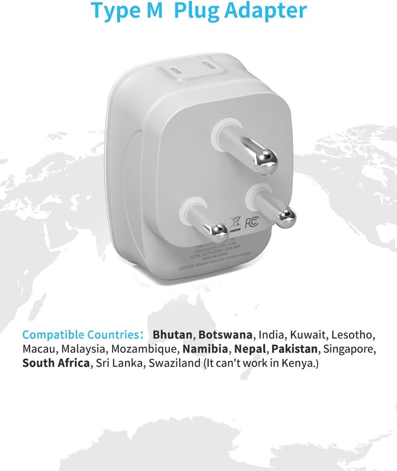 VINTAR 2 Pack South Africa Plug Adapter, Type M Plug Adapter with 1 USB C, 3 USB Ports and 2 American Outlets, 6 in 1 Travel Adapter for US to Botswana, Namibia, Nepal - Image 2
