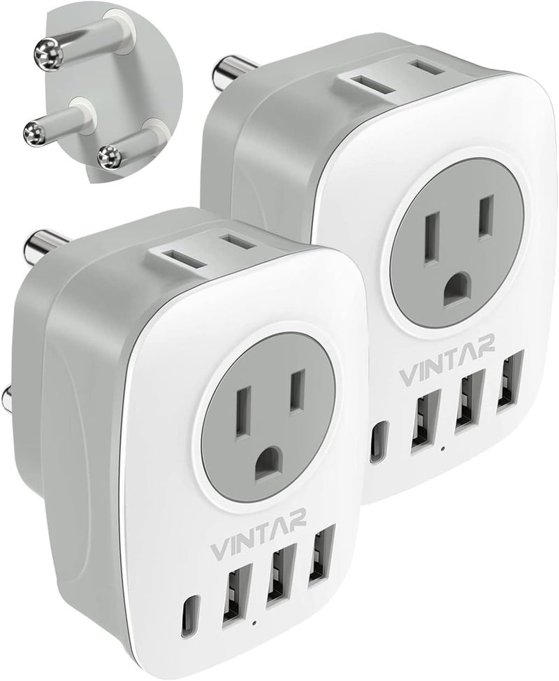 VINTAR 2 Pack South Africa Plug Adapter, Type M Plug Adapter with 1 USB C, 3 USB Ports and 2 American Outlets, 6 in 1 Travel Adapter for US to Botswana, Namibia, Nepal - Image 1