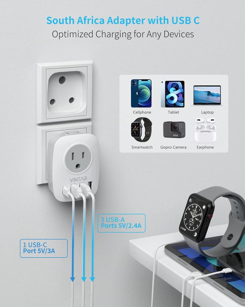 VINTAR 2 Pack South Africa Plug Adapter, Type M Plug Adapter with 1 USB C, 3 USB Ports and 2 American Outlets, 6 in 1 Travel Adapter for US to Botswana, Namibia, Nepal - Image 4