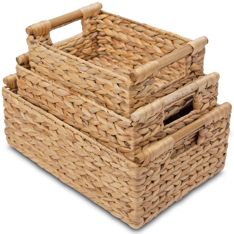 VATIMA Hyacinth Wicker Basket Set 3 size - Rectangular, Wooden Handles, Shelf Organizer, Natural Bins