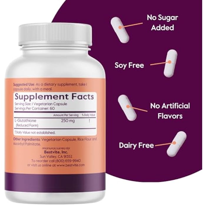 BESTVITE L-Glutathione 250mg (60 Vegetarian Capsules) - No Stearates - Vegan - Non GMO - Gluten Free - Image 3