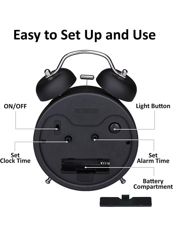 Bukela Super Loud Alarm Clock Silent Non-Ticking for Heavy Sleepers, Retro Twin Bell Alarm Clock with Backlight for Bedside for Home/School/Office Black - Image 3