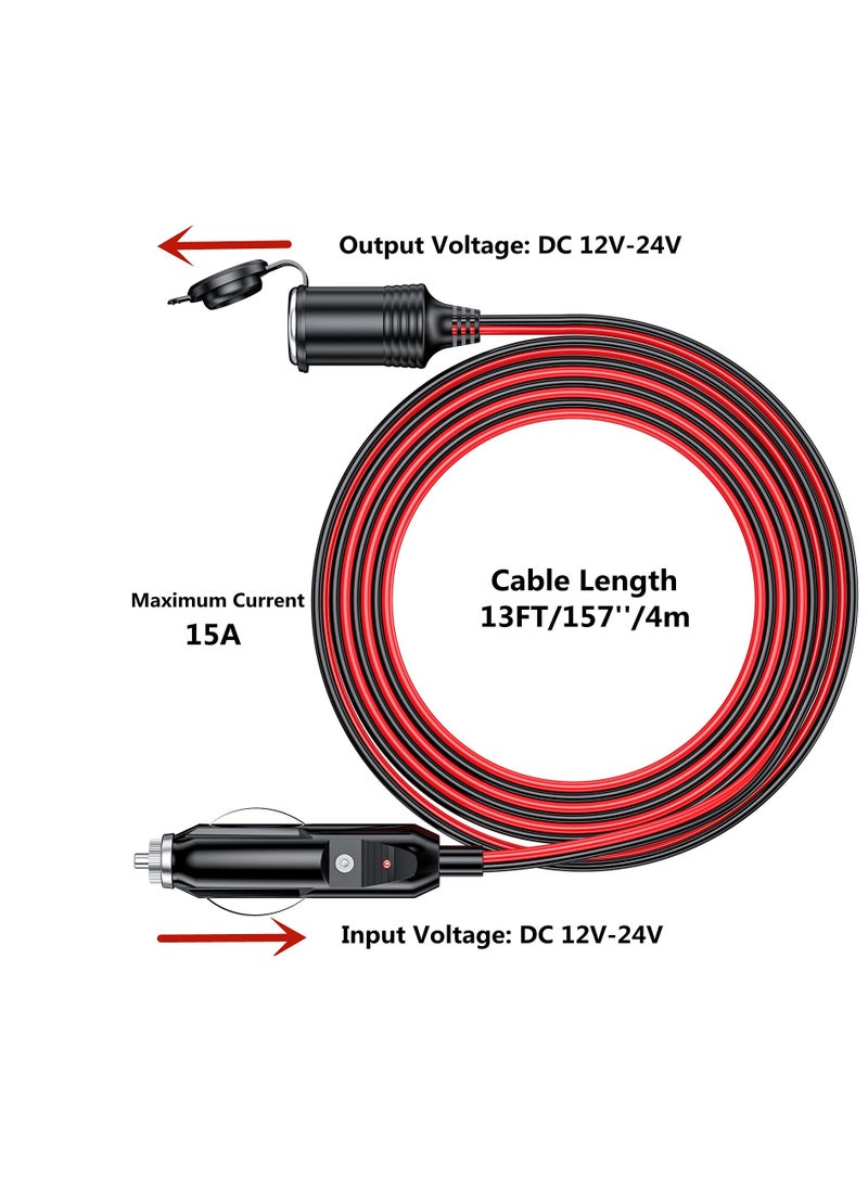KASTWAVE - 13FT Cigarette Lighter Extension Cord, 12V 24V Cigarette Lighter Plug to Socket 16AWG Heavy Duty Extension Cable with 15A Fuse and LED Indicator Car Cigarette Lighter Aux Socket Plug Connector - Image 1