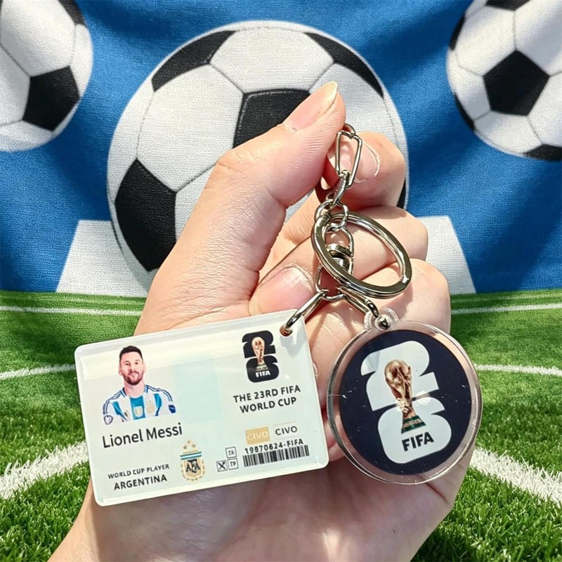 Football keychains featuring Messi, Neymar, Mbappe, and Ronaldo; US, Canada, and Mexico ornaments; 2026 World Cup small gifts.