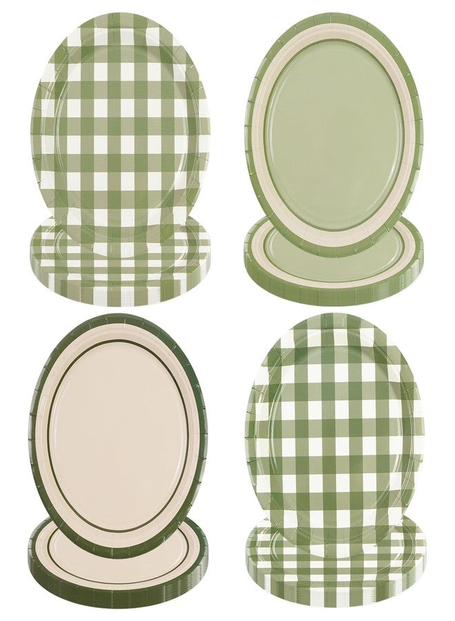 PUEVENYI 64PCS Sage Green Gingham Paper Dessert Plates - 7 Inch Disposable Round Checkered Dinner Plates for Birthday Baby Shower Wedding Picnic Party Supplies, 4 Styles - Image 1