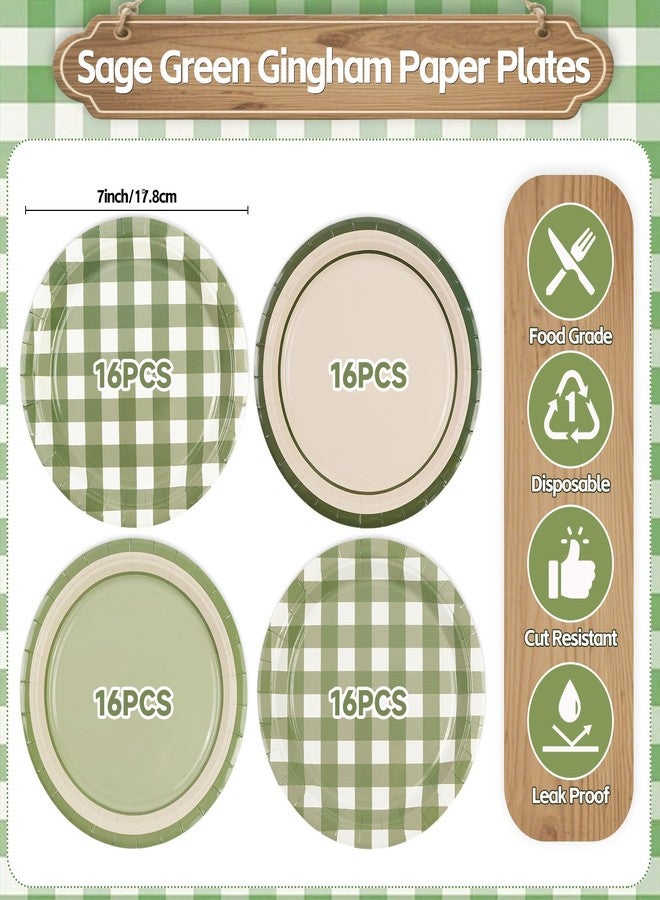 PUEVENYI 64PCS Sage Green Gingham Paper Dessert Plates - 7 Inch Disposable Round Checkered Dinner Plates for Birthday Baby Shower Wedding Picnic Party Supplies, 4 Styles - Image 2