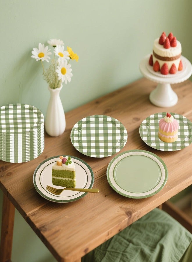 PUEVENYI 64PCS Sage Green Gingham Paper Dessert Plates - 7 Inch Disposable Round Checkered Dinner Plates for Birthday Baby Shower Wedding Picnic Party Supplies, 4 Styles - Image 4