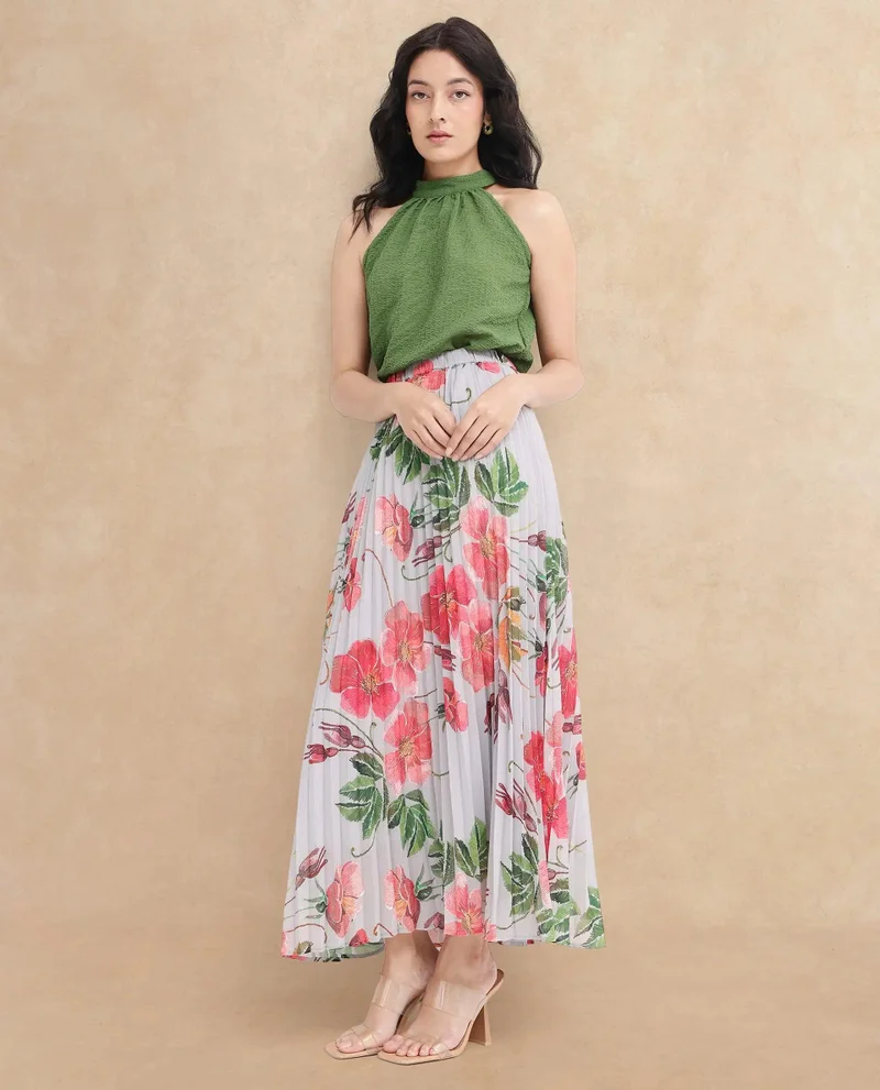 Rareism Women's Floral Printed Pleated Skirt